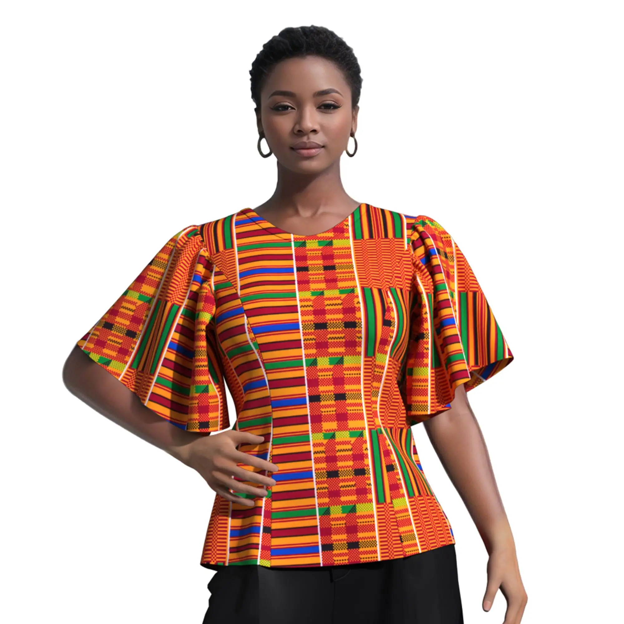 

Women African Wax Dashiki Shirt Ethnic Folk Flutter Sleeve Top Women Kente Print Blouse African Loose Tunic Clothes WY10542