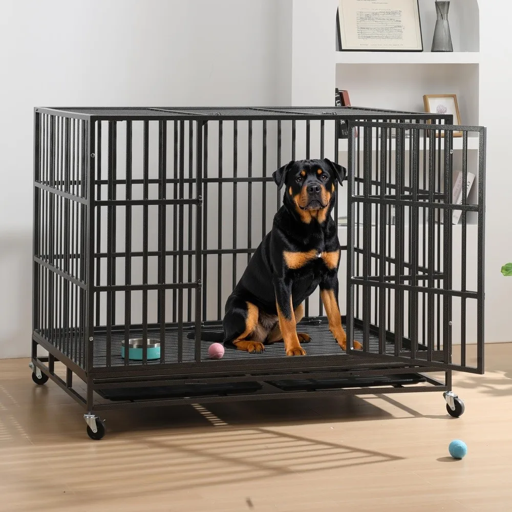60 inch Heavy Duty Dog Crate Folding Dog Kennel No Assembly Escape Proof Large Dog Cage Kennel with Lockable Wheels