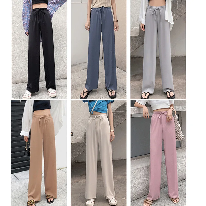Women Long Pants Spring Summer Straight Long Elastic Waist Wide Leg women long trousers Casual Soft Knitted Pants