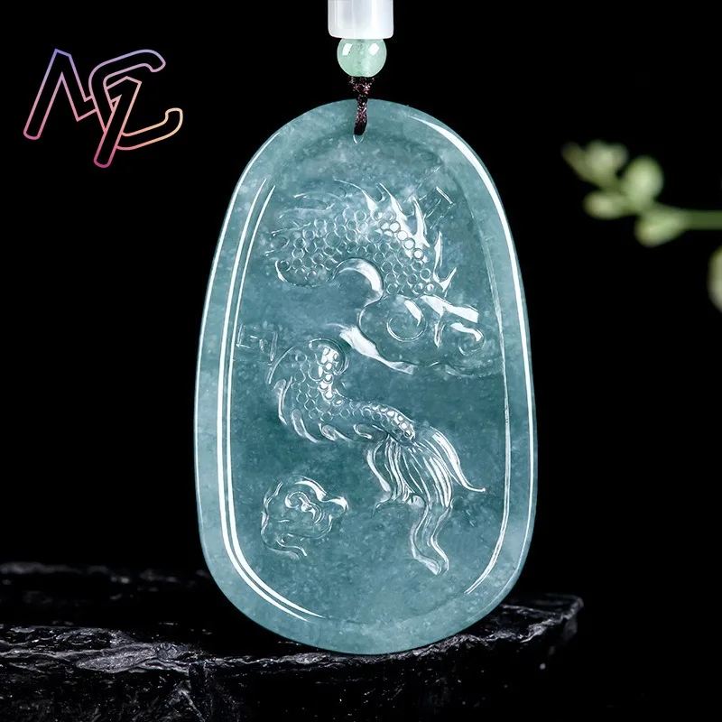 Blue Natural Jade Dragon Pendant Necklace Real Jadeite Jewellery Carved Gemstone Fashion Charm Lucky Amulet Gifts for Women Men