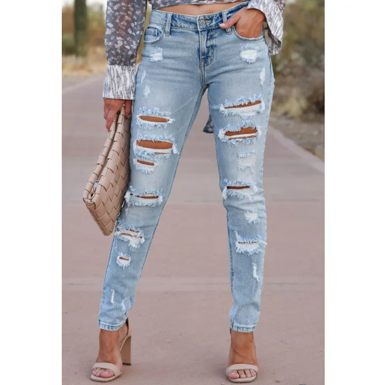 Washed Denim Jeans Women's High Waist Cotton Trousers Gothic Style Pencil Slim Fit Long Pants Tear Hole Cross-Border