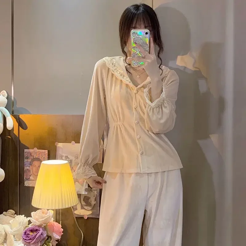 Velvet Pajama Sets Women Sweet Lace Aesthetic Chic Sleepwear Retro French Style Elegant Feminine Autumn Winter Cozy Home Pajamas