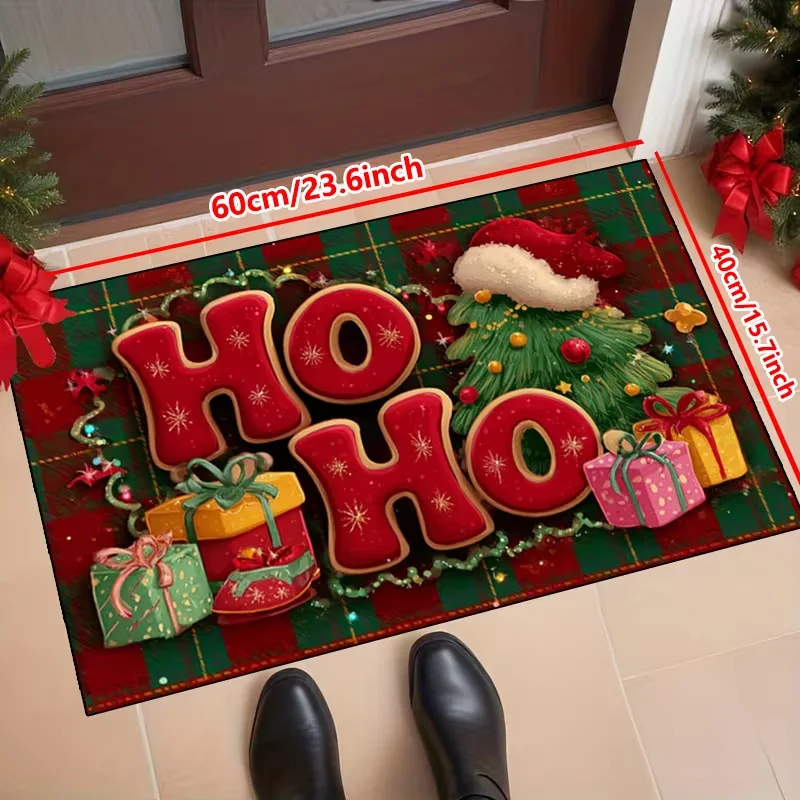 VIKAMA Christmas Doormat Red Green Plaid HO HO HO, Cookie Style Welcome Mat Front Door, Non Slip Rug, Santa Hat, Xmas Decor