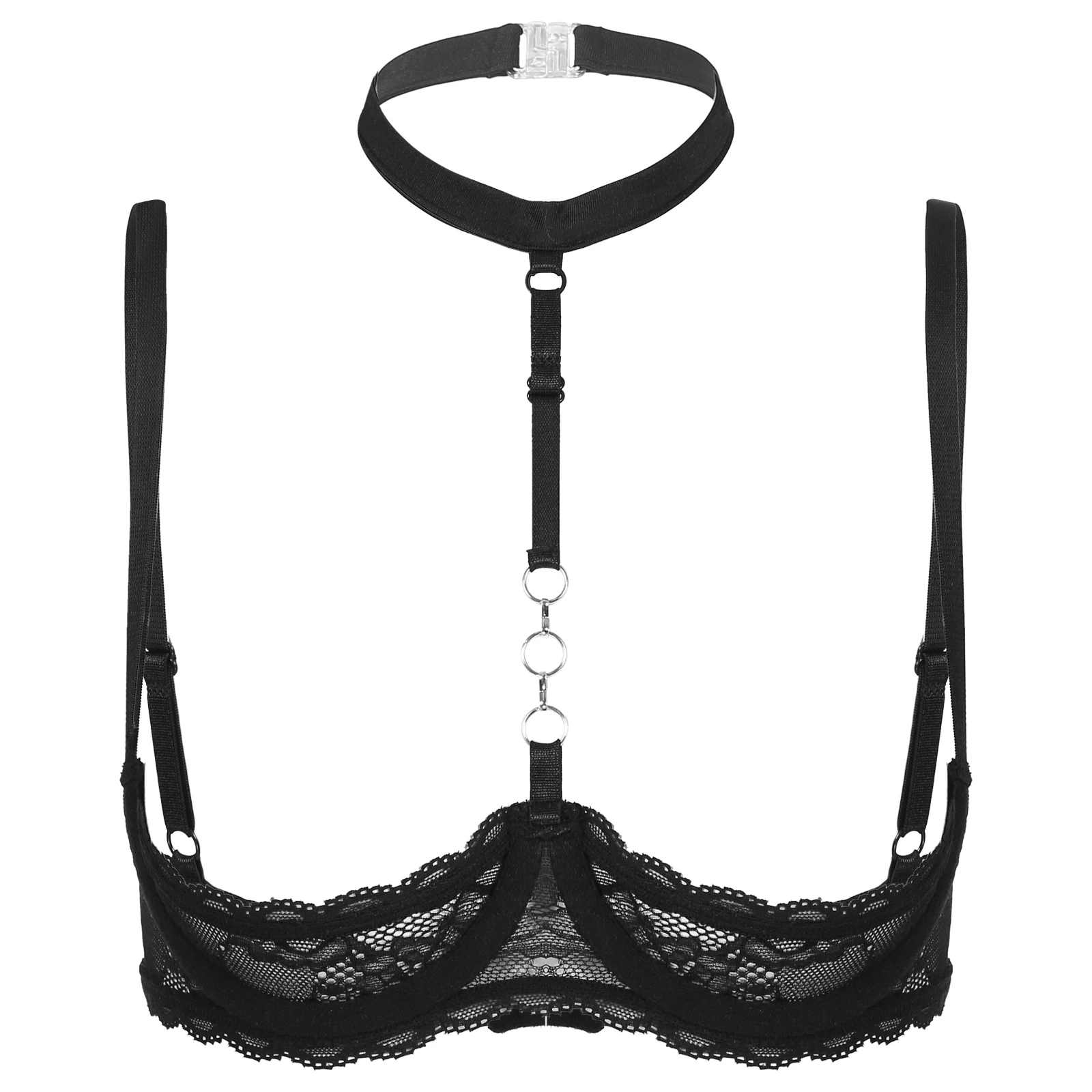 Sujetador de encaje con copas abiertas para mujer, lencería erótica con aros, cuello Halter, transparente, 1/4 copas, Push Up