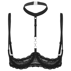 Womens 1/4 Cups Underwire Bra Halter Neck O Ring Sheer Lace Push Up Brassiere Lingerie Breast Open Bras Underwear