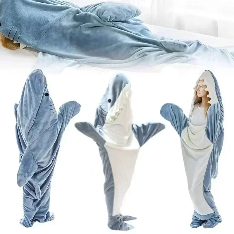 Cartoon Sleeping Bag for Children and Adults Shark Blanket Soft Cozy Fabric Mermaid Shawl Wearable Tiburon Pajamas Gift