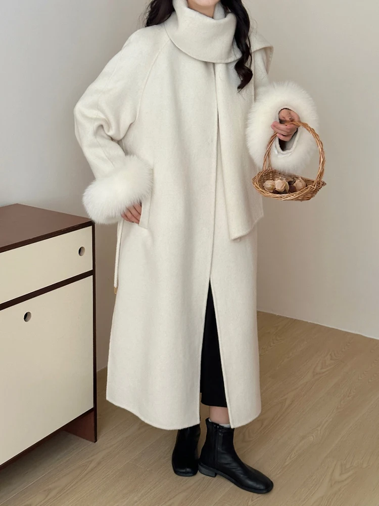 [LANMREM] Scarf Collar Faux Fur Sleeve Woolen Coats For Women Belt Gathered Waist Warm Long Outwear Female 2024 Winter New