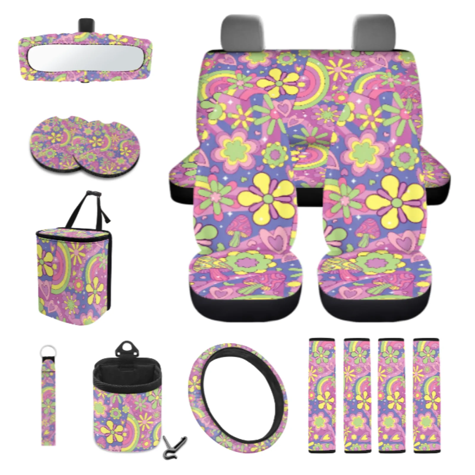 Coloranimal Colorful Flower 15 Pack with Non-Slip Car Garbage Bag and Keychain for Automotive