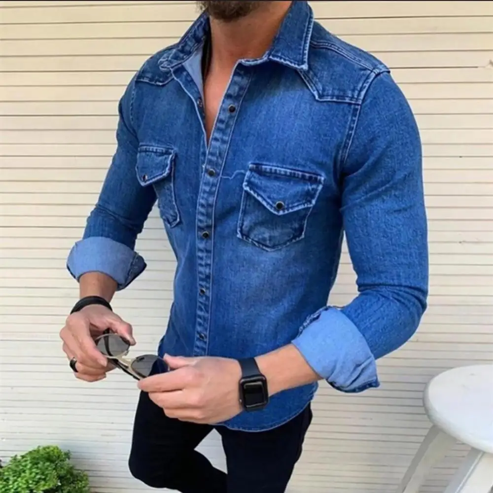 Fashion Men Denim Shirt Casual Slim Fit Button Shirts With Pocket Men Camisa Long Sleeve Turn Down Collar Tops camisa masculina