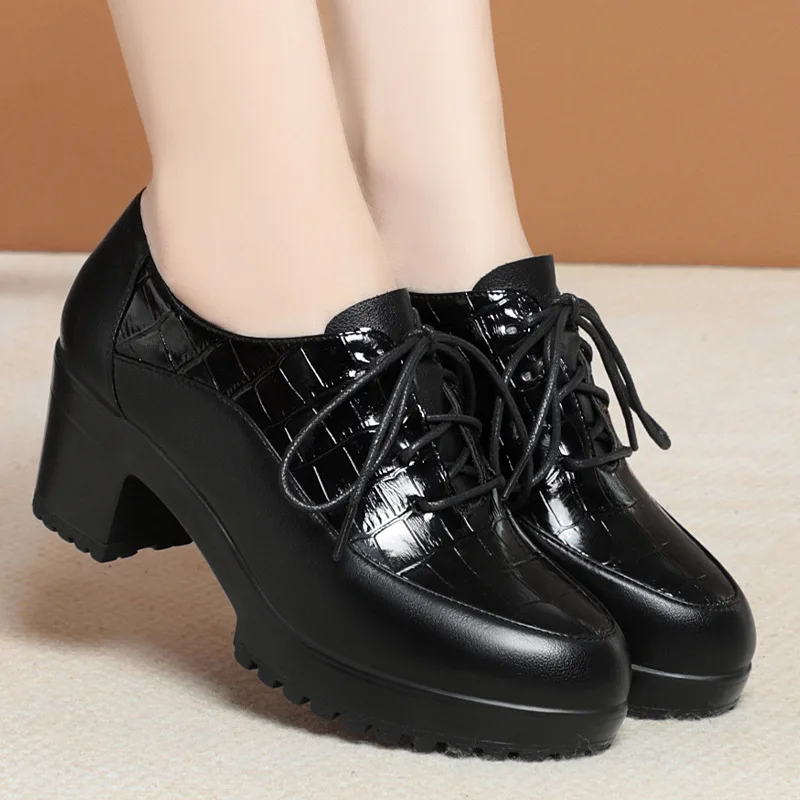 Deep Mouth Soft Leather Shoes Women Oxfords Platform Pumps High Heels Shoes Black Lace up Office Work Pumps Shoes Comfortable