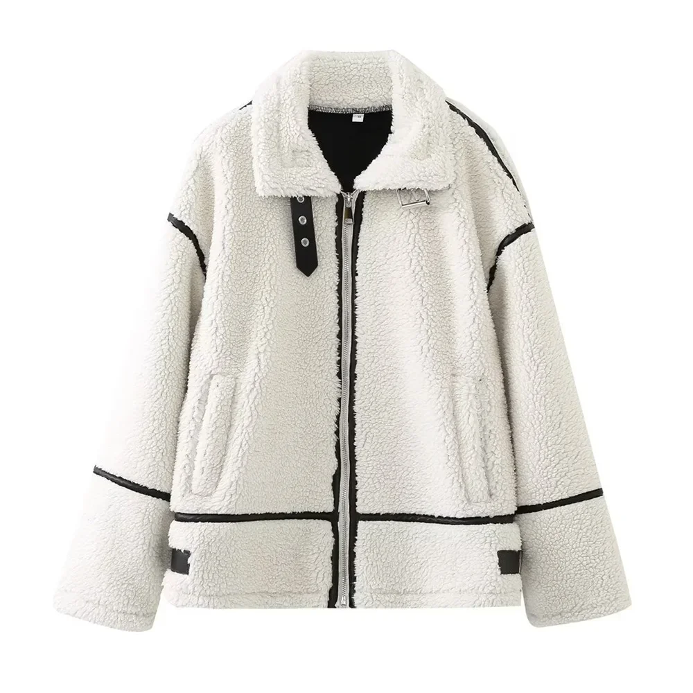

2025 Autumn Winter Flip Collar Color lamb Wool Jacket Warm Comfortable Slim Fit Jacket New Motorcycle Leather Jacket
