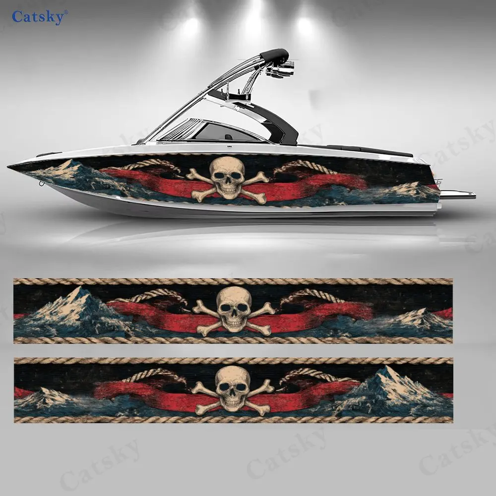 Distressed Bone Blade Raging Sea Boat Stickers, PVC Waterproof Vinyl Wrap Decals for Fishing Boats, Durable and Stylish Design