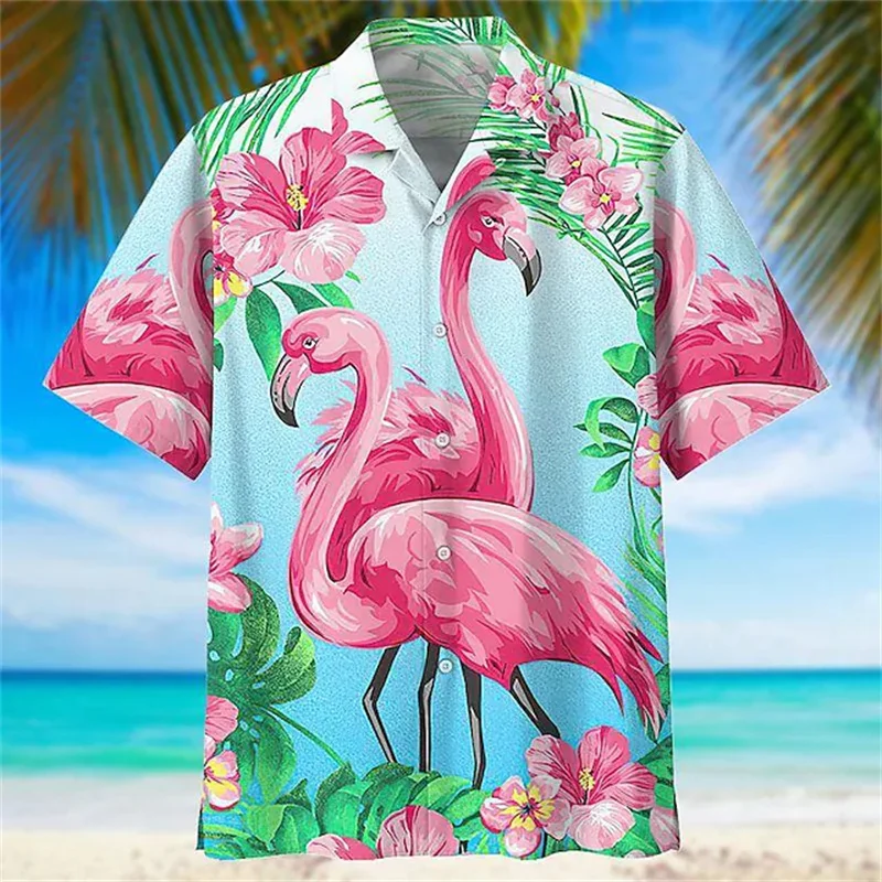 Chemise décontractée à manches courtes pour hommes, chemise de plage, imprimé de cocotiers, flamant rose, rue, haute qualité, nouveau style, été