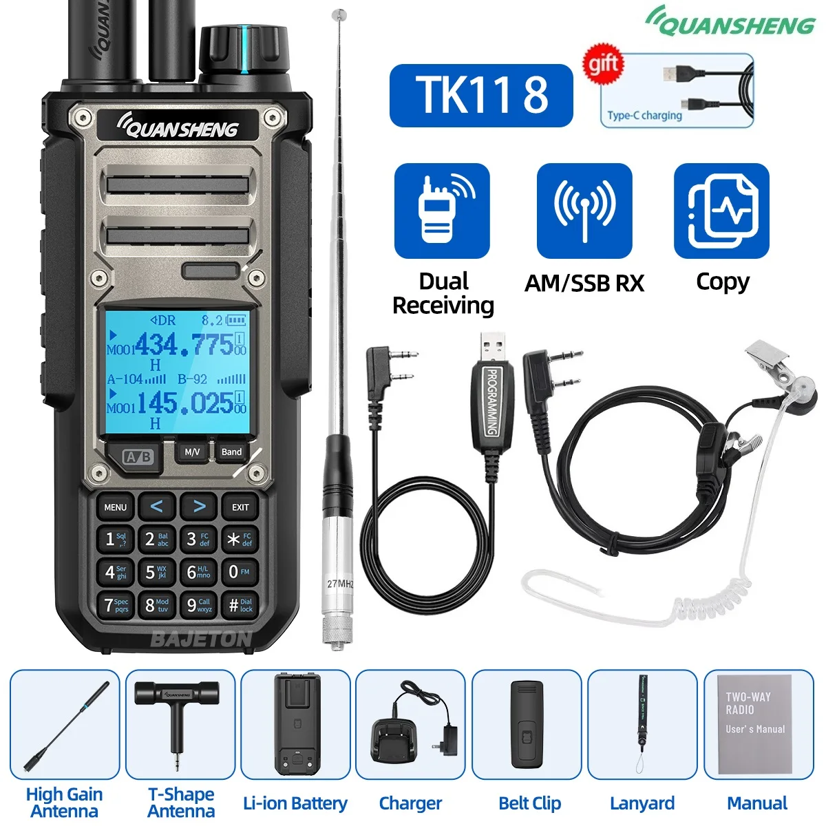Quansheng TK11 8 Walkie Talkie Ham Radio 10W Dual Ontvangst PTT 27MHz CB CW LSB LW MW SW Type-C Oplader NOAA voor UV-K5 8 TK-11 5
