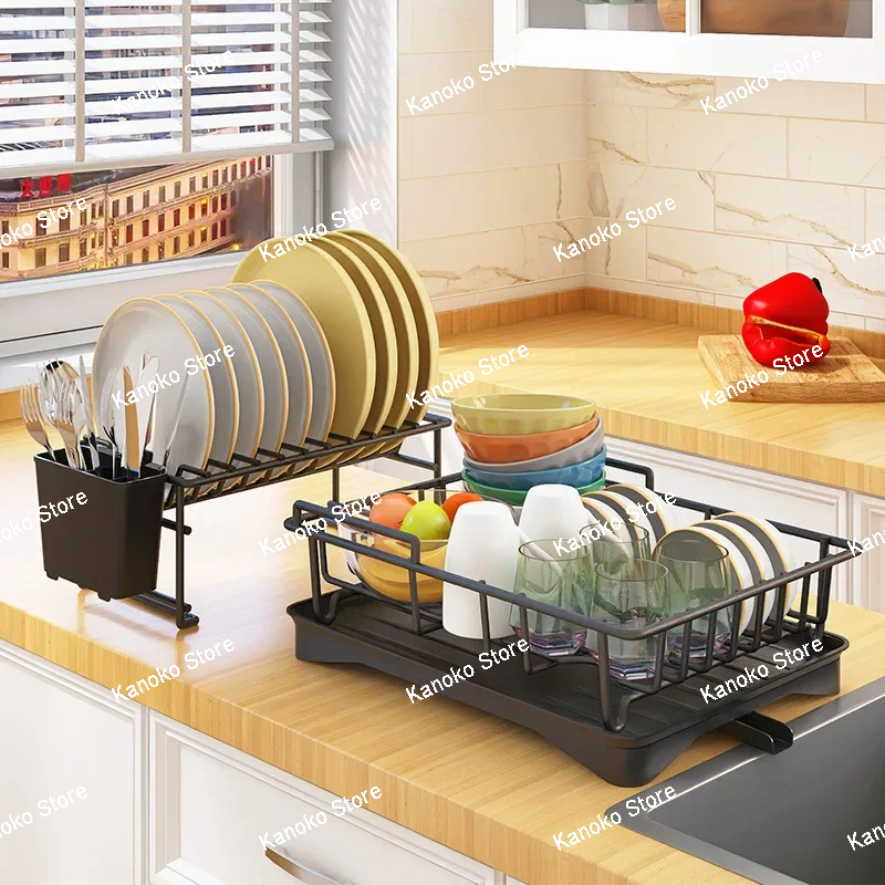 1/2 Tier Dish Drying Rack with Drain Board Kitchen Utensils Drainer Rack Countertop Dinnerware Plate Bowl Fork Spoon Organizer