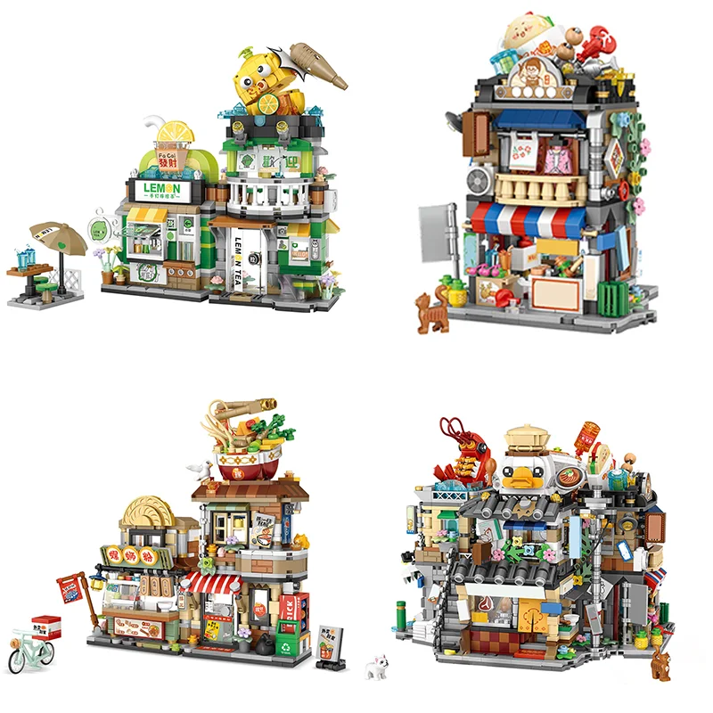 

Street View Mini Building Blocks Set Chinese Hippest Dish Store Model Aldults Toys Lemon Tea Shop River Snails Rice Noodle Shop