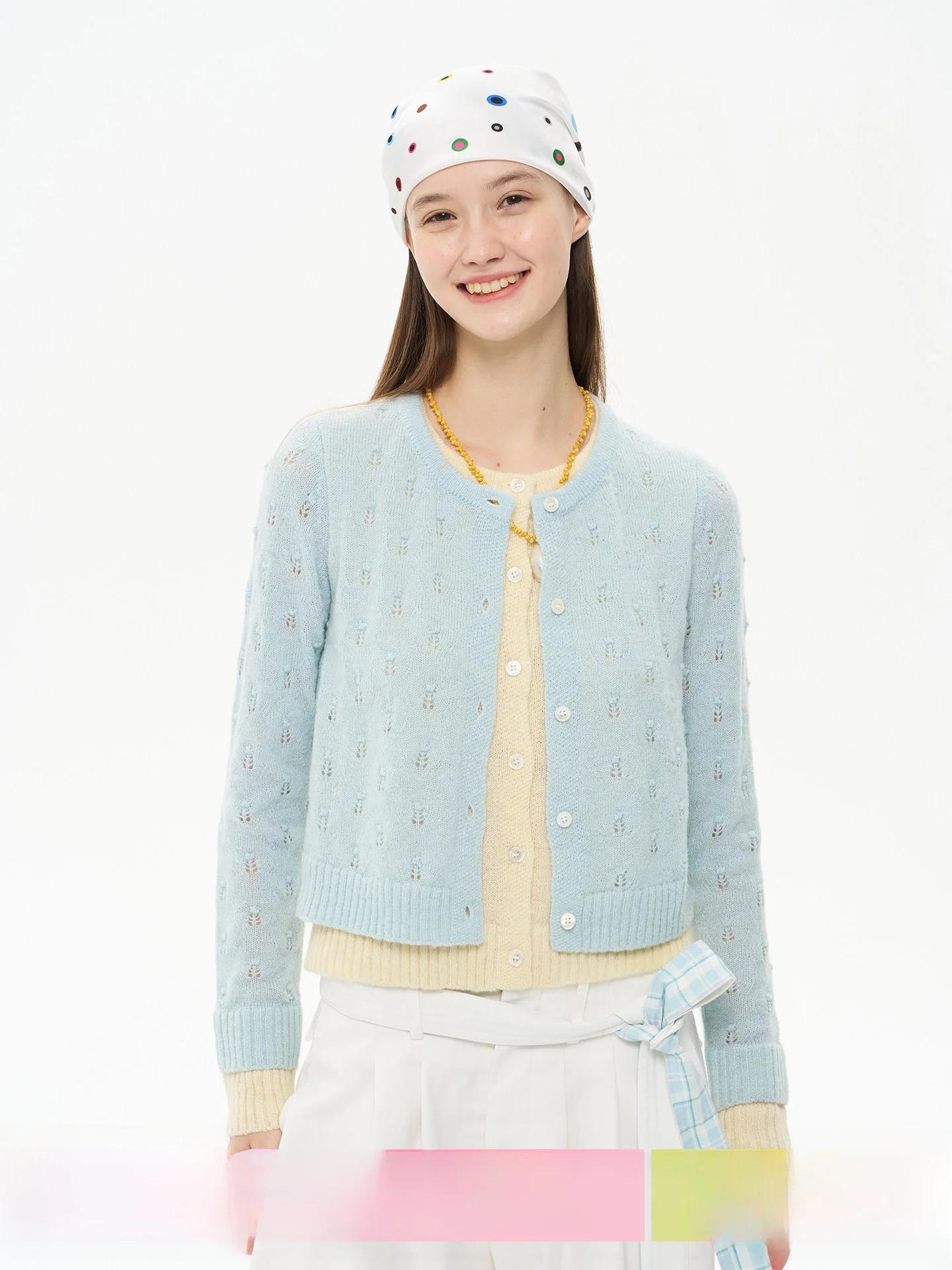 

Вязаный кардиган Heris с цветочной вышивкой, из альпаки, воздушный, молочно-голубой, имитация двухслойности, повседневный, свободный крой, мягкая ткань