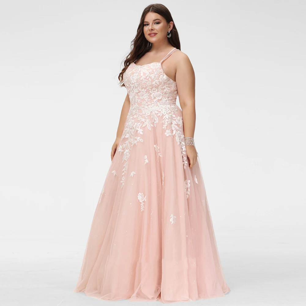 Customized Pink Plus Size Prom Dress Lace Appliques Spaghetti Strap Tulle A-Line Bridesmaid's Gown Beading Backless Oversize Par