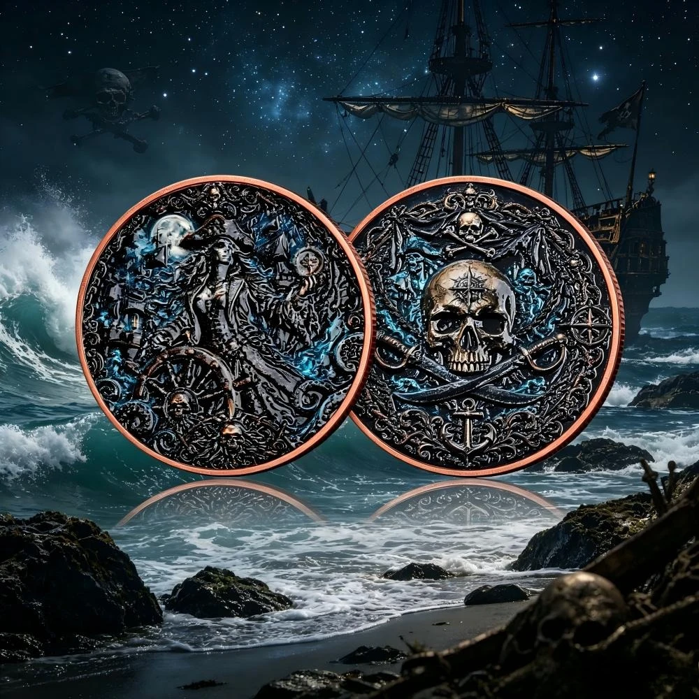 1 oz .999 Fine Copper Coin 3D High Relief Female Pirate Skull Crossed Swords Antique Pure Copper Commemorative Souvenir Gifts