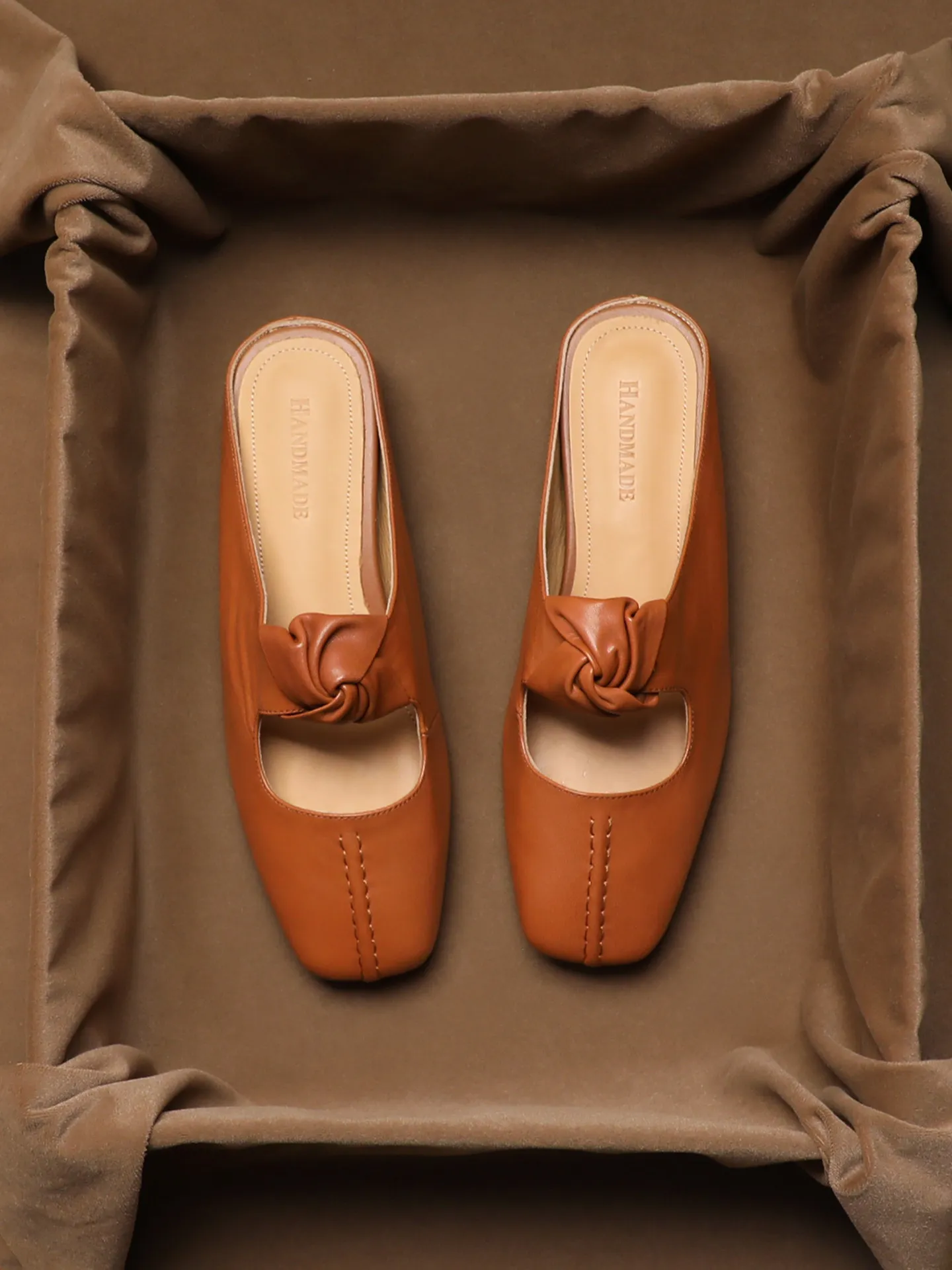 SHOEBOX New French retro leather square toe women's hollowed out flat bottom with raised toe and half slippers