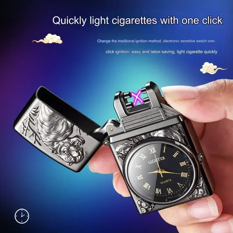 Metal Windproof Lighter Embossed Electronic Watch Dual Arc Rechargeable Lighter Pulse Cigarette Lighter Gift Smoking Accessories