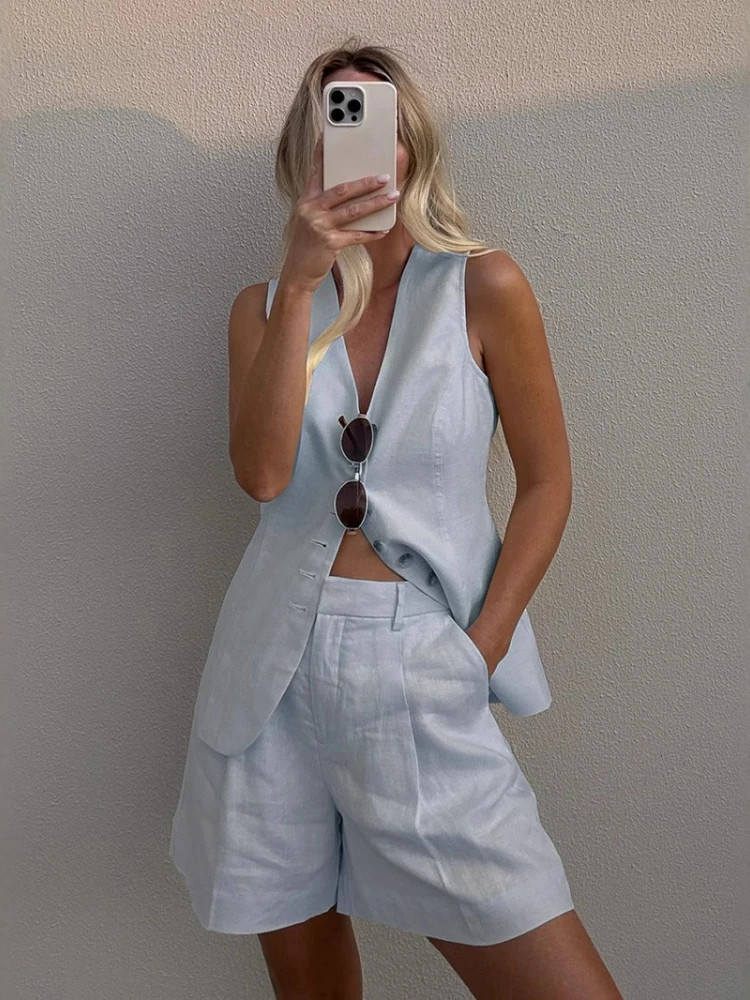 Conjunto de dos piezas de moda de verano 2025, chaleco informal de lino y algodón, conjunto de pantalones cortos para mujer, Tops con cuello en V y una botonadura, pantalones cortos de cintura alta