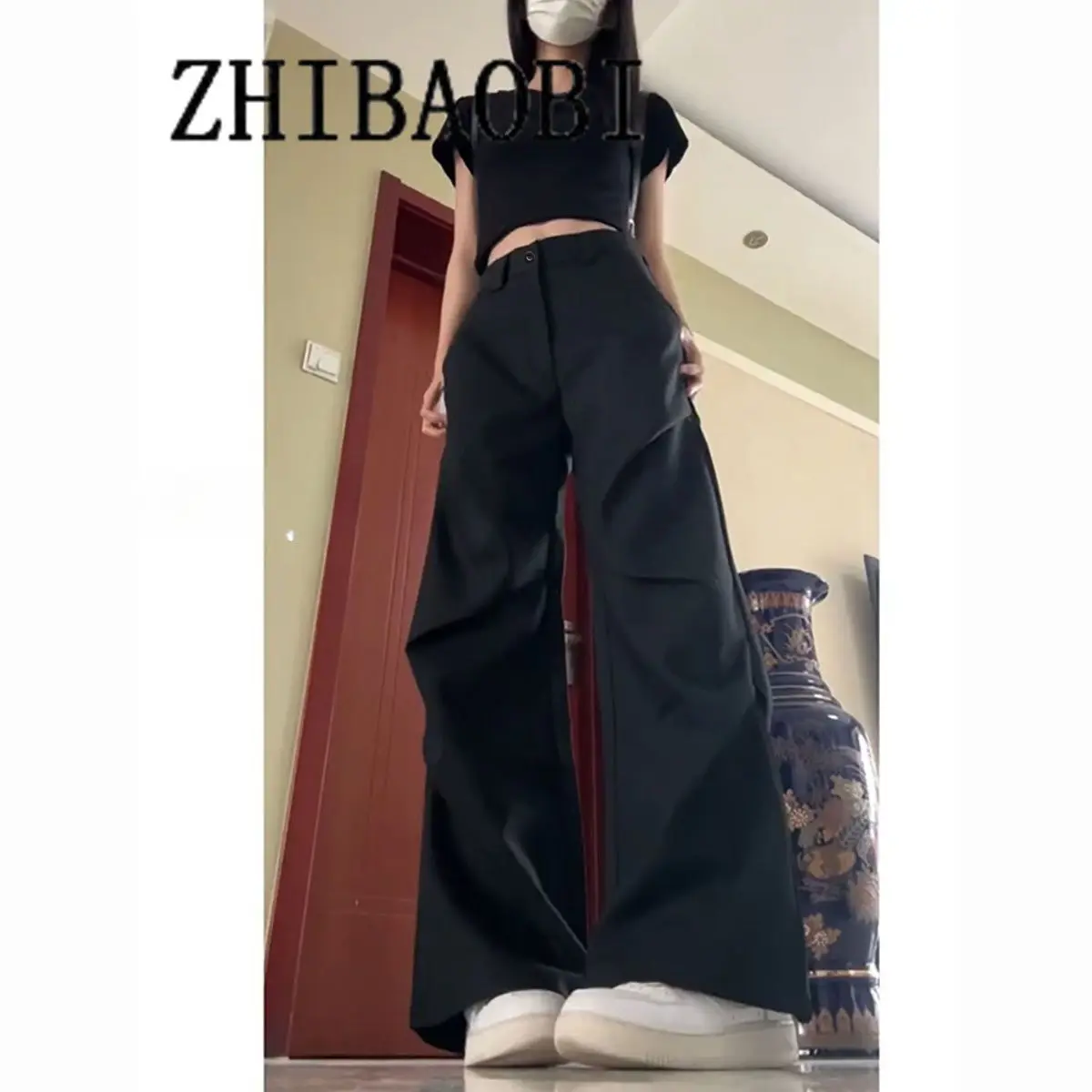 

Американские винтажные черные широкие расклешенные брюки High Street, женские плиссированные свободные повседневные брюки для рабочей одежды