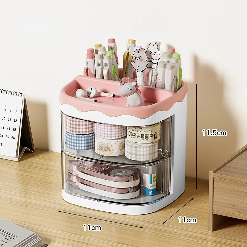 Practical Multi-Functional Desk Organizer Pen Holder Double Layers Rotating Pencils Storage Rack Student Cosmetics Storage Shelf
