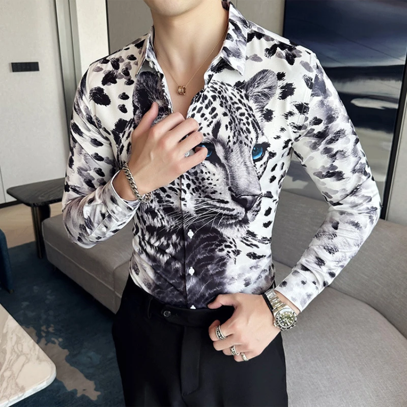 2024 Summer 3D Leopard Print Shirts Men Long Sleeve Slim Fit Casual Shirts Social Party nightclub Tuxedo Blouse men clothing