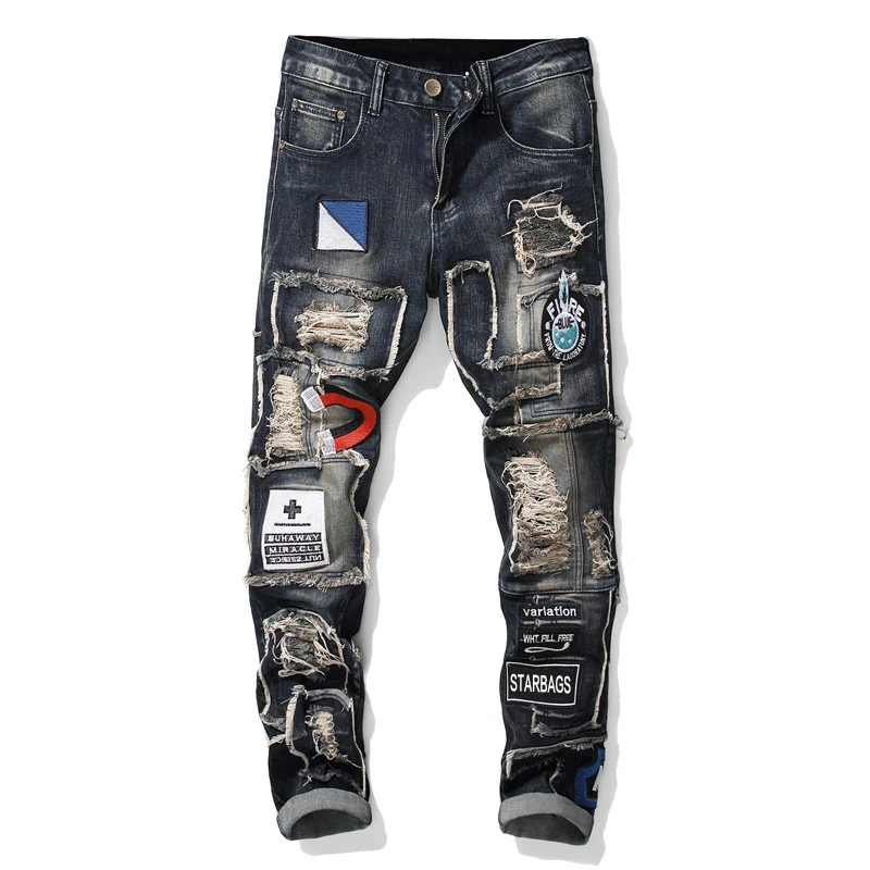 stabags new Spring 2024 slim slim straight foot embroidered casual embroidered men's jeans trend pants