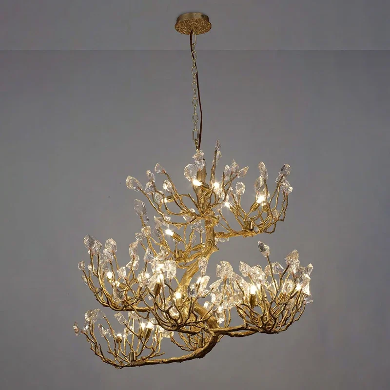 Handmade Postmodern Copper Chandelier with Natural Crystal for Living Room Dining Room Villa Lighting Decor