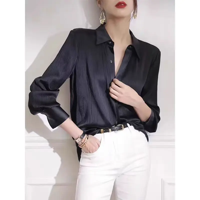 Women\'s Shirts Spring New Black Satin Texture Loose Long-sleeved Blouse Elegant Office Lady Work Wear Fashion Female Clothing