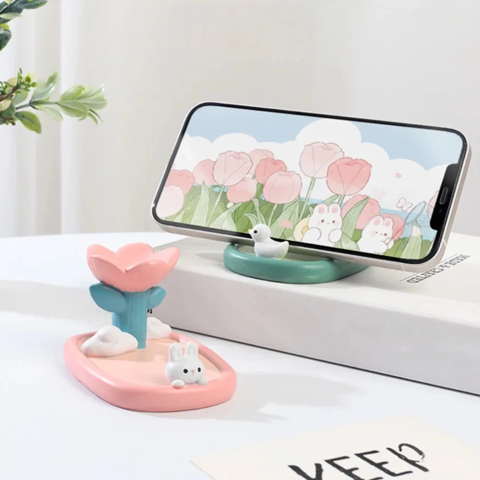 

Rabbit Mobile Phone Stand Tulip Desk Decor Resin Phone Holder Cute Cartoon Cell Phone Bracket Desktop Ornaments