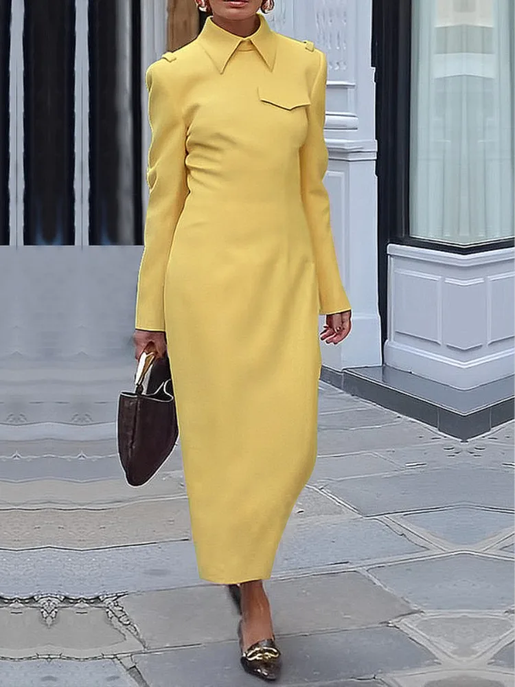 Beautyblue Elegant Chic Long Dress Woman Yellow Party Dresses Fashion Long Sleeves Split-Joint Lapel Casual Commuter Long Skirt