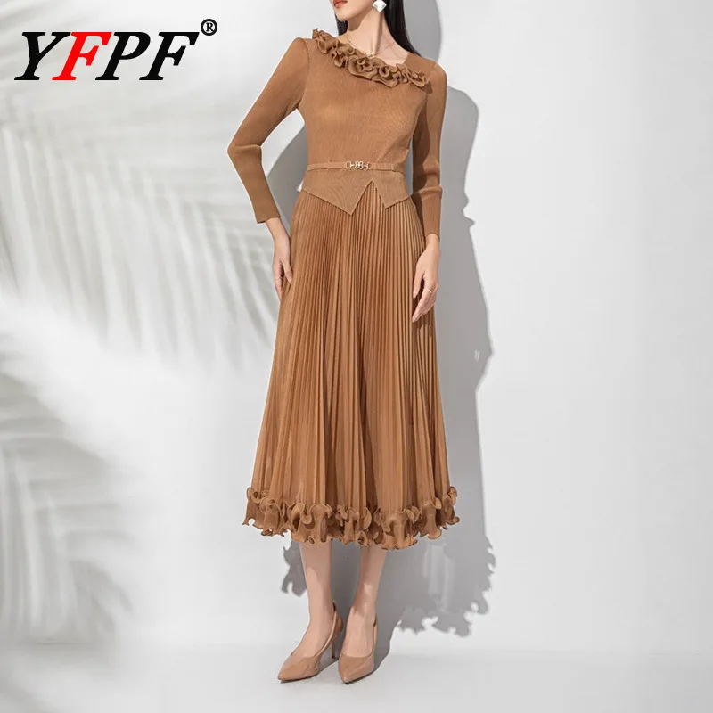 

YFPF Miyake плиссированное длинное платье для женщин с оборками и воротником с высокой талией, однотонные платья трапециевидной формы, элегантная одежда 2026