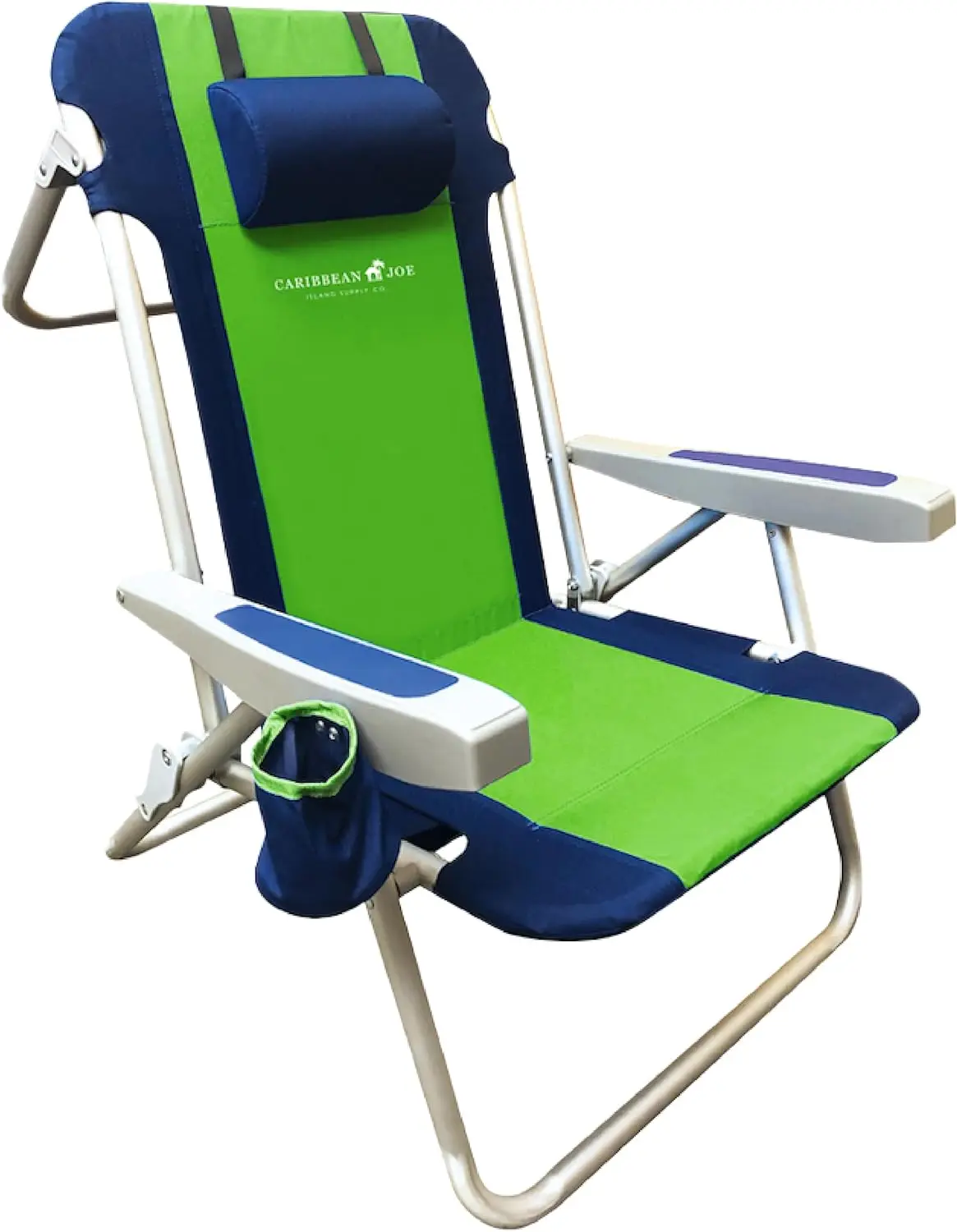 

Folding Beach Chair, 5 Position Portable Backpack Foldable Camping Chair with Headrest, Cup Holder, and Armrests, Green