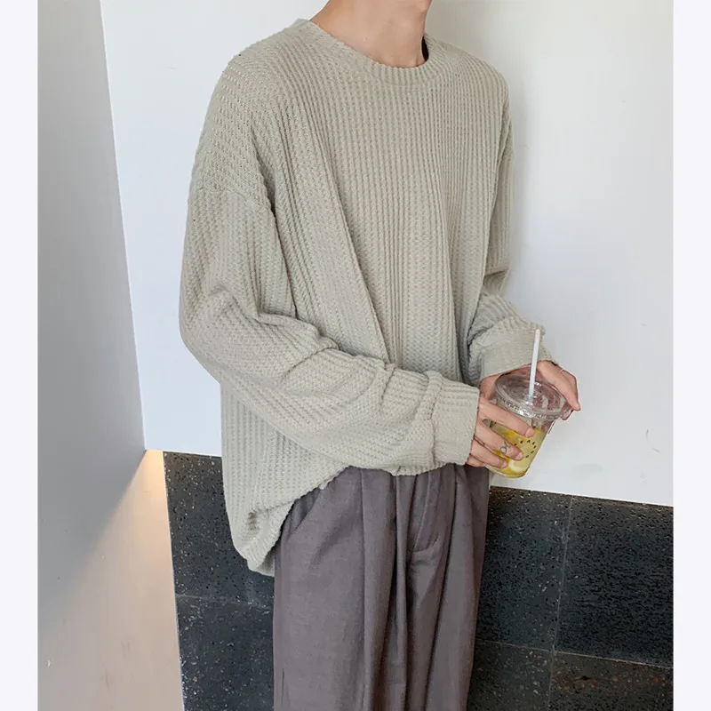 Autumn Long Sleeved T-shirt Men Oversized Casual Checkered T Shirt Men Streetwear Korean Loose Round Neck T Shirt Mens Top