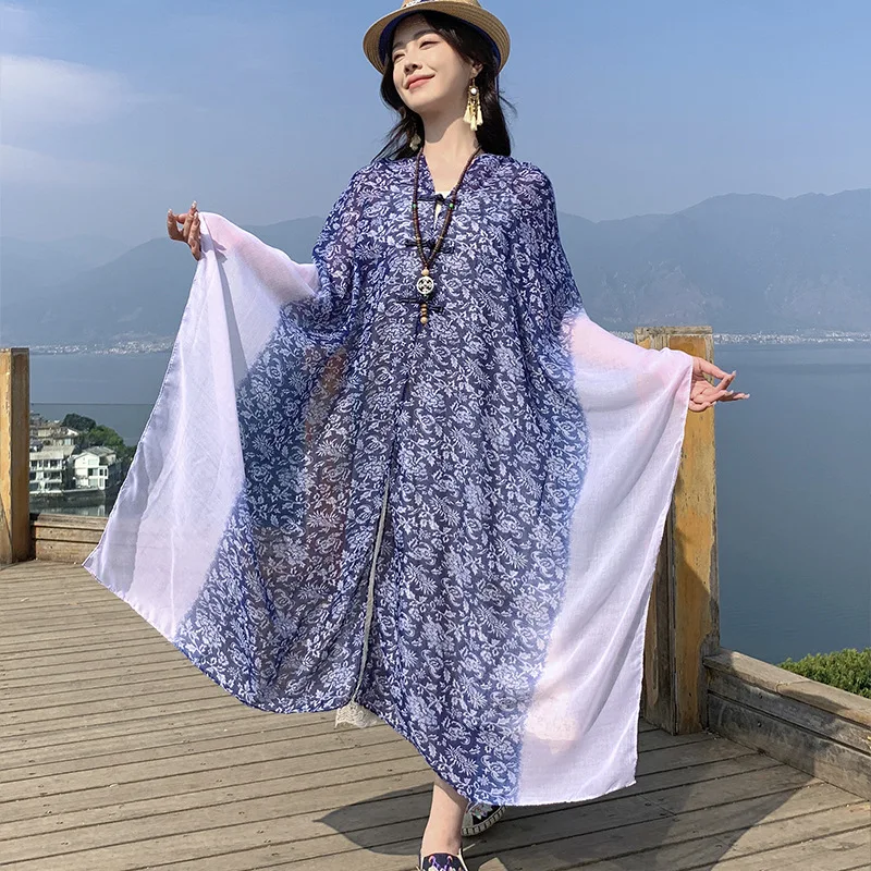 

Poncho Chinese Ethnic Style Shawl Summer Outdoor Beach Towel Women's Travel Outfit thin Style Photography Sun Protection Shawl