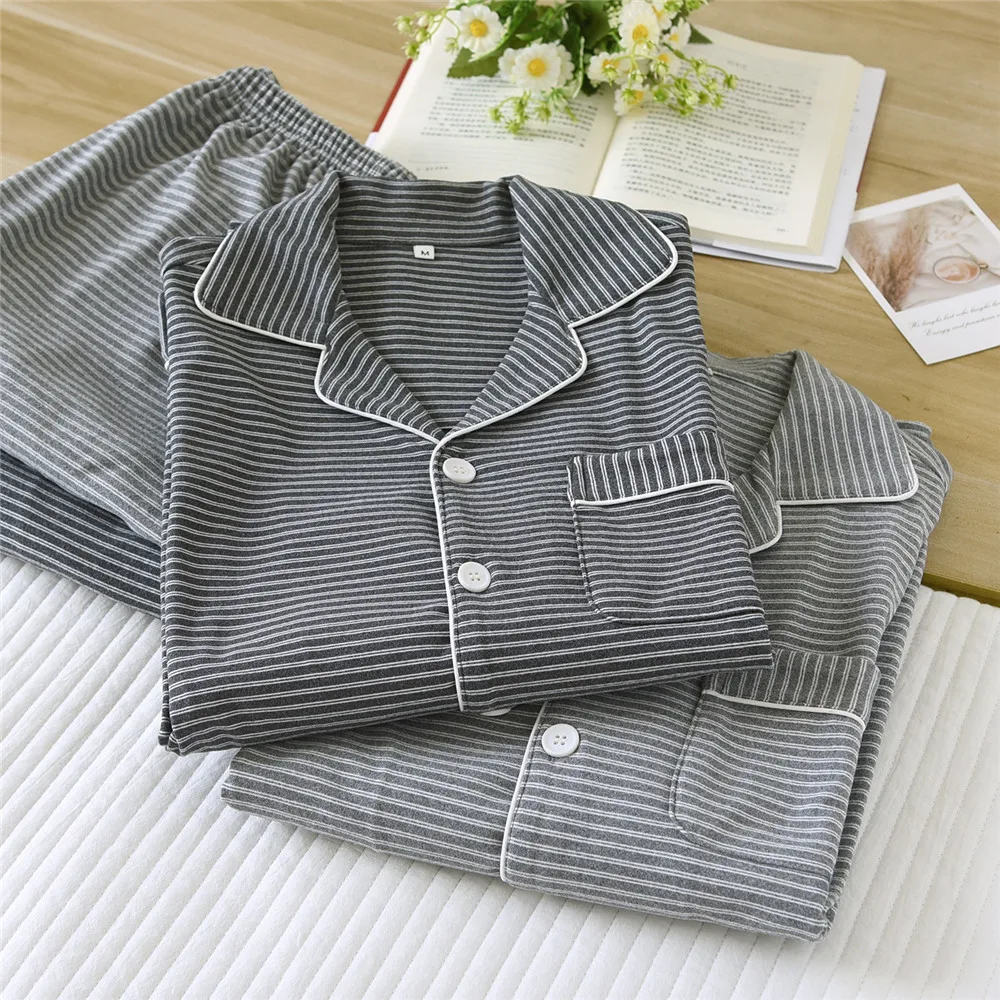 Men's Loose Striped Pajamas Set Autumn German Fleece Home Clothes Long Sleeve Shirt Pants Sleepwear Nightwear Pajamas Set