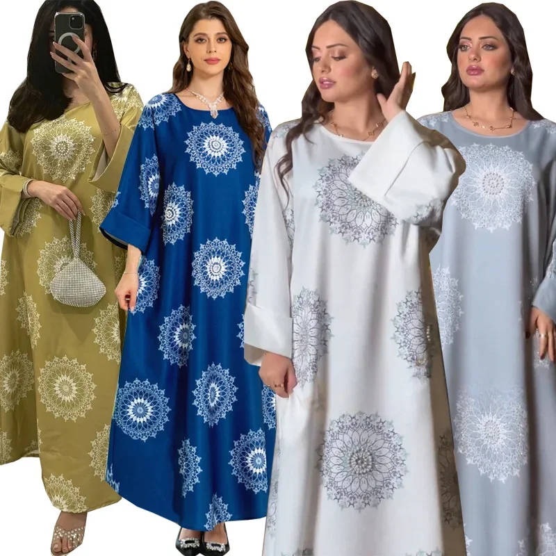 

UNI Muslim Dress Women Print Long Robe Eid Ramadan Morocco Dubai Kaftan Islam Vestidos Pearls Jalabiya Arab Abayas Party Dresses