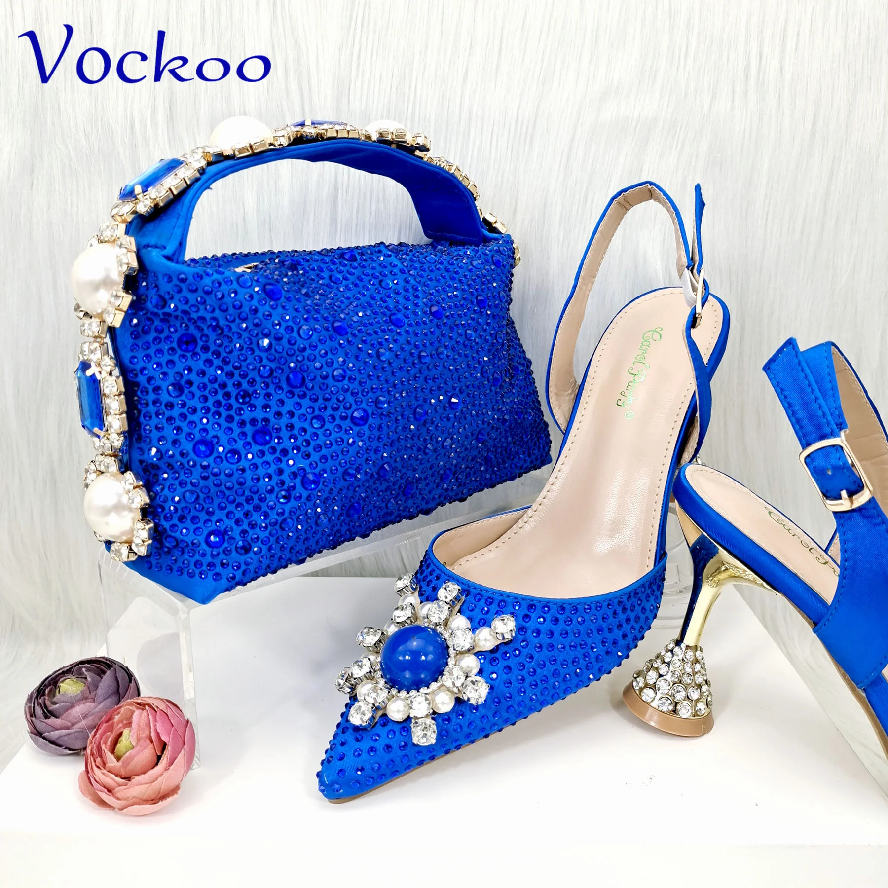 

Rome INS Hot Sale Italian Women Shoes and Bag Set in Royal Blue Color Buckle Strap Pumps with Shinning Crystal for Party