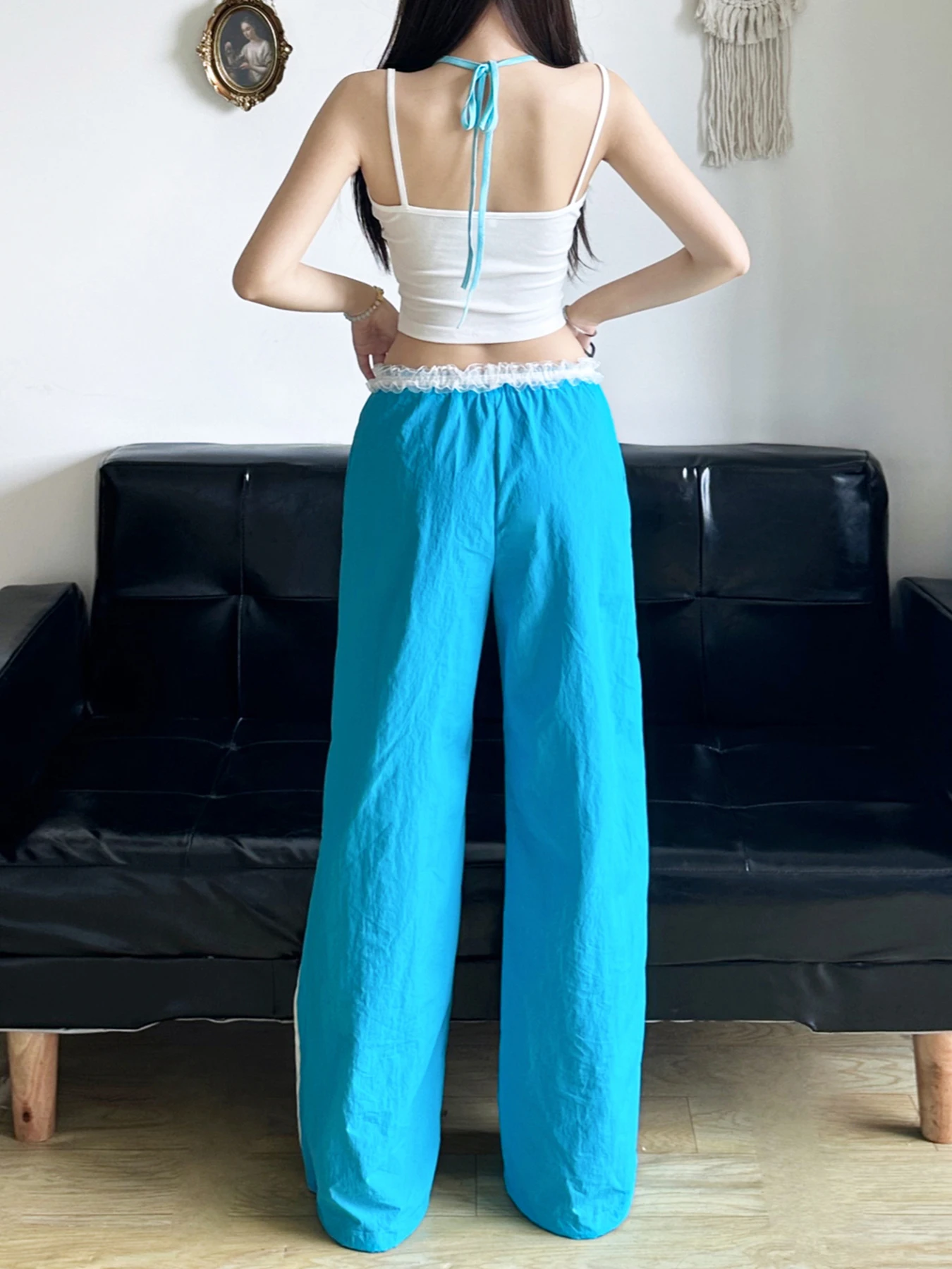 IAMSURE Sweet Folds Pants Set Casual Basic Lace Trim 2 Piece Sets Bandage  Slash Neck Camis Top Low-Waisted Wide Leg Pants Lady