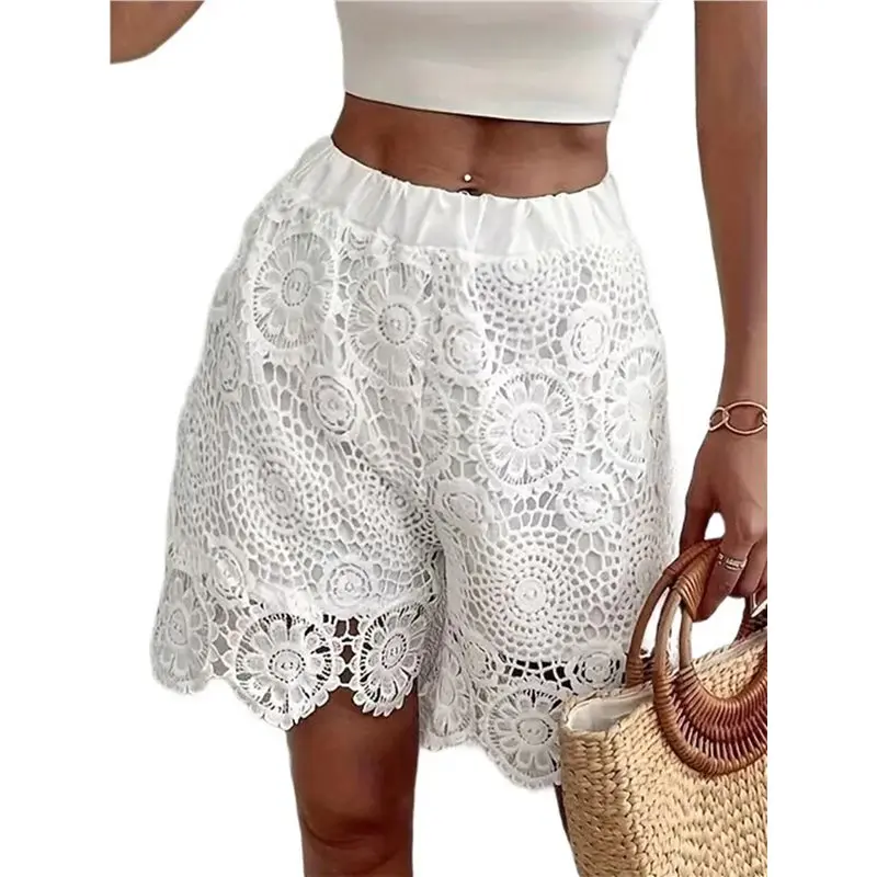 

Женские кружевные шорты CYL с эластичной талией, шелковые шорты с цветочным узором и кружевной отделкой, цветочные панталоны
