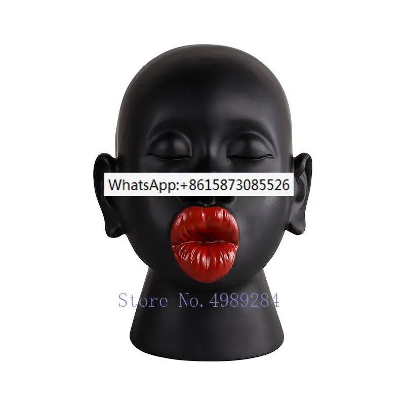 Resin Abstract Human Sculpture Black Person Red Lips African Style Statue Human Face Handicraft Furnishings Home Decorations