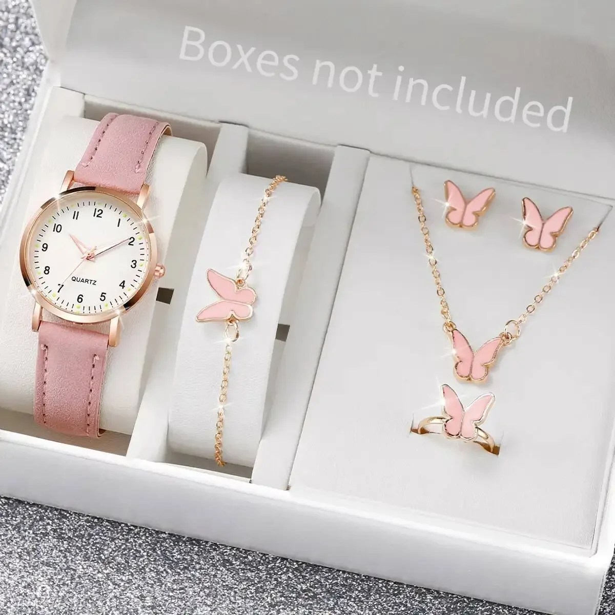 6PCS/Set Fashion Arabic Dial Women Quartz Watch  Casual Leather Strap Wristwatch Butterfly Jewelry Set Reloj Mujer（Without Box）