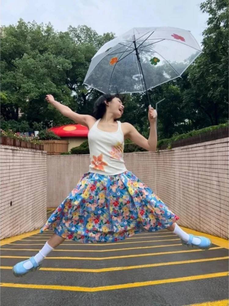 Casual Fashion Floral Print A-line Skirt For Women High Waist Mid-length Faldas Mujer 2025 Summer New All-match Skirts