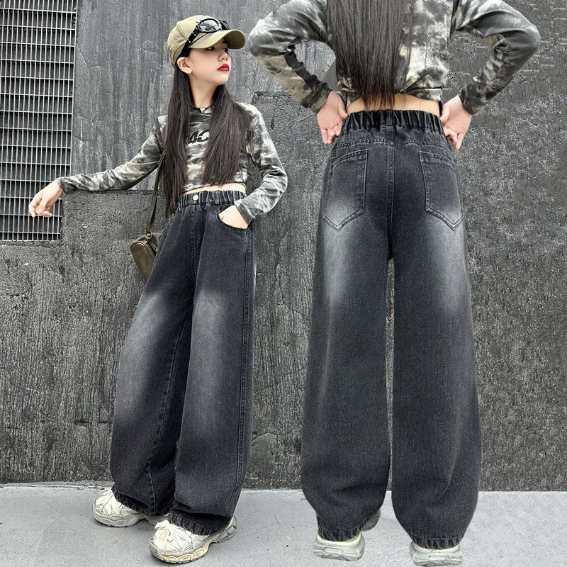 Teenager-Kind Vintage Straight Fit Schwarze Jeans für Tween Girl Casual Gradient Denim Hosen Kinder Neue Mode Jeans Hosen 4-14Y