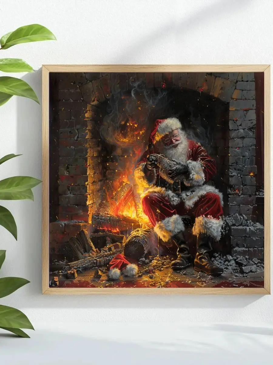 1 Stück, 40 x 40 cm / 15,74 Zoll, Weihnachtsmann wärmt sich am Kaminfeuer an Weihnachtstag, gestempeltes Kreuzstich-Set, DIY-Set, 11/14 CT. – Detail 1