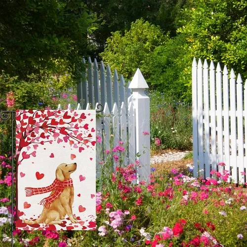 Happy Valentine's Day Garden Flag Golden Retriever Love Heart Tree 12x18 Inch Do UUI GGX