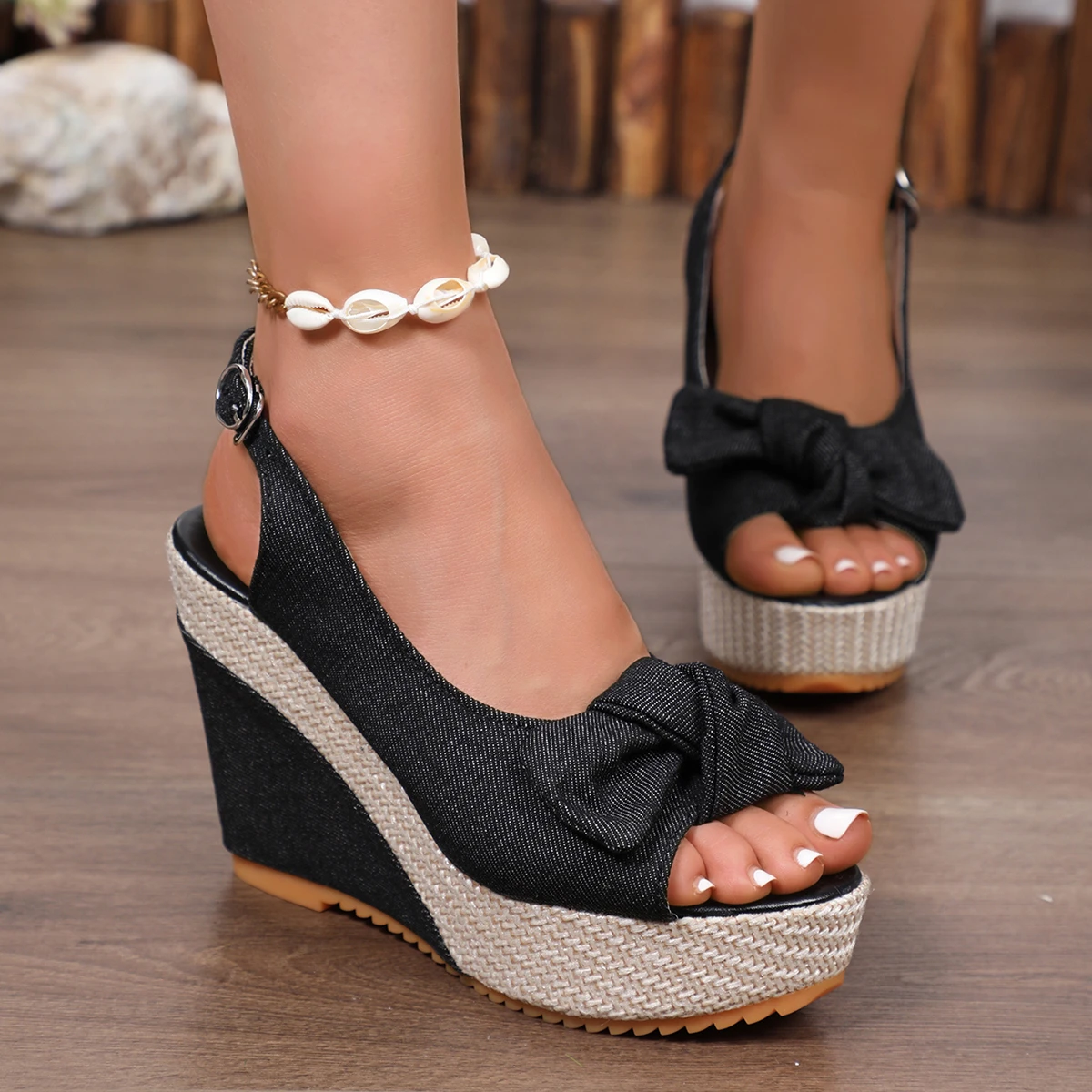 

Women's Ankle Strap Peep Toe Platform Denim Wedge Sandals Zapatos De Mujer Wedges Sandal Thick Sole Sandalias High Heel Sandals